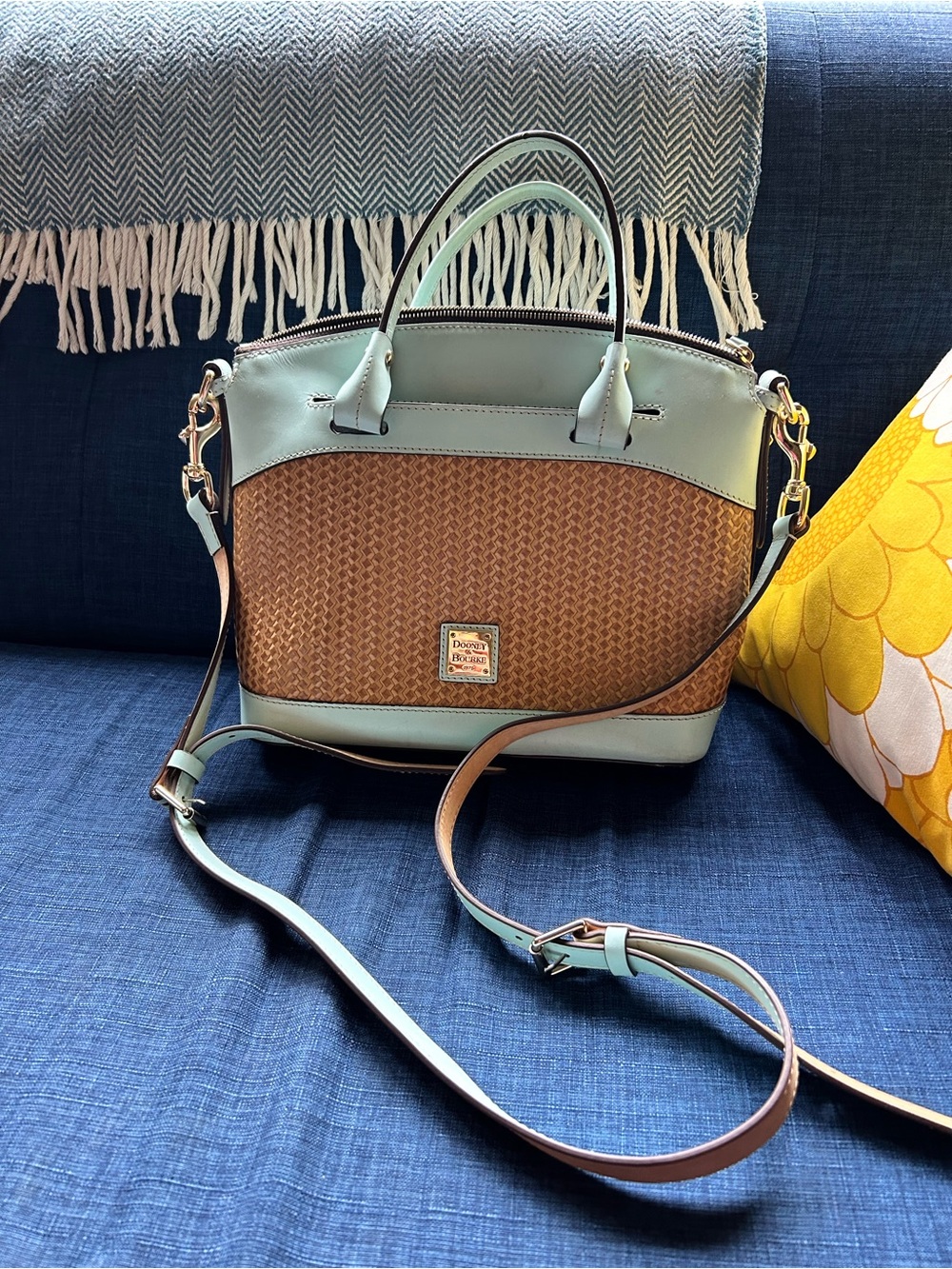 Dooney & Bourke Mint Green and Tan Woven Dome Satchel